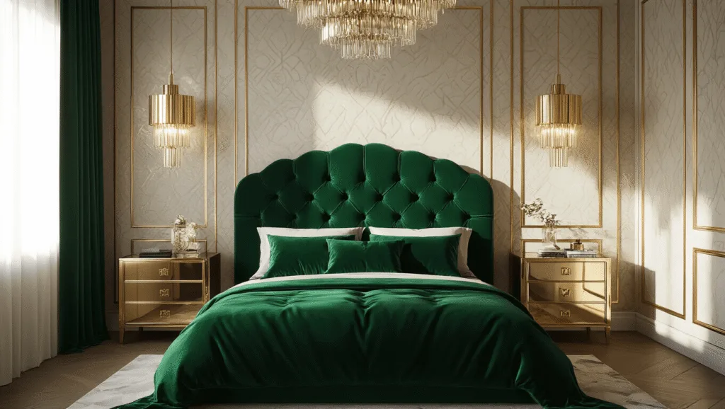 "Luxurious Art Deco bedroom with emerald green velvet headboard, gold accents, and geometric patterns under soft lighting"