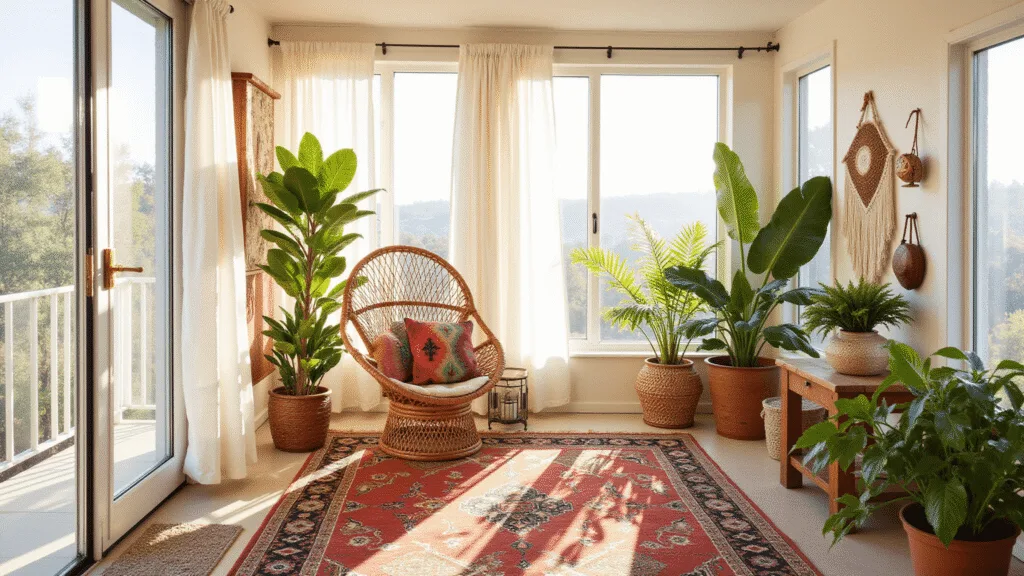 "Bohemian sunroom with rattan furniture, tropical plants, and colorful décor, bahted in golden hour light"