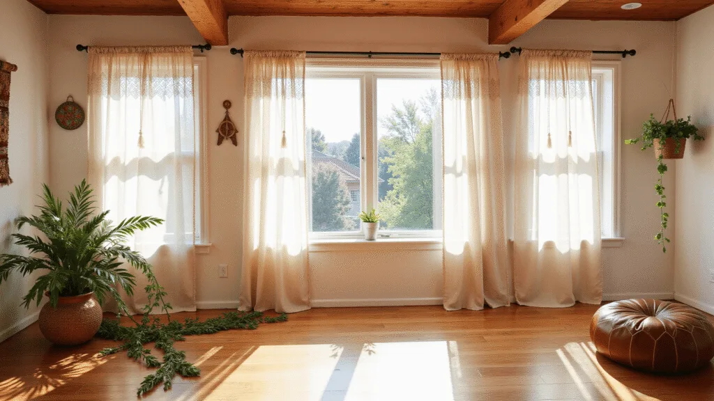 "Sunlit bohemian living room with floor-to-ceiling windows, cream macramé curtains, wooden beams and vintage Moroccan decor"