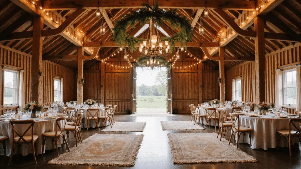 "Rustic barn interior decorated for a boho wedding with macrame, pampas grass, fairy lights, vintage rugs, and a wildflower arch during golden hour, offering ethereal lighting and warm tones"