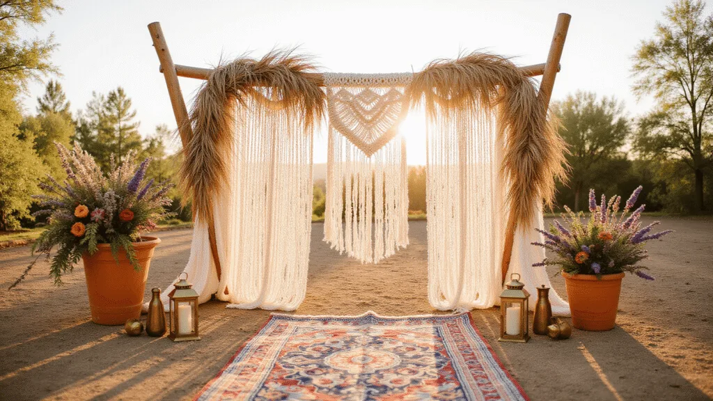 "Bohemian outdoor wedding setup with macramé backdrop, pampas grass, Persian rug aisle, brass lanterns and terracotta pots with wildflowers during golden hour"