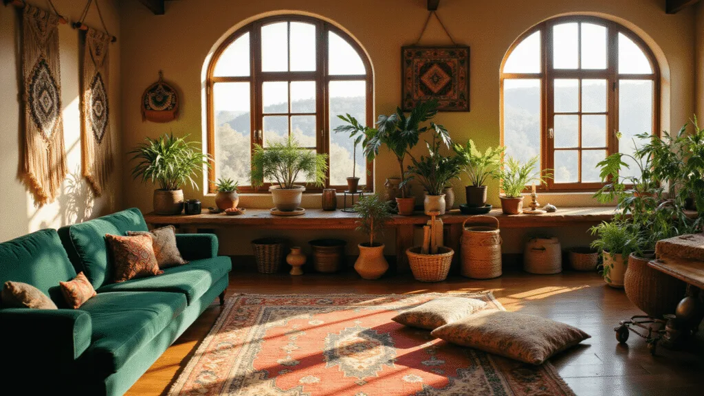 "Bohemian living room with emerald velvet sofa, vintage kilim rugs, macramé wall hangings, and brass accents lit by golden hour sunshine through arched windows"