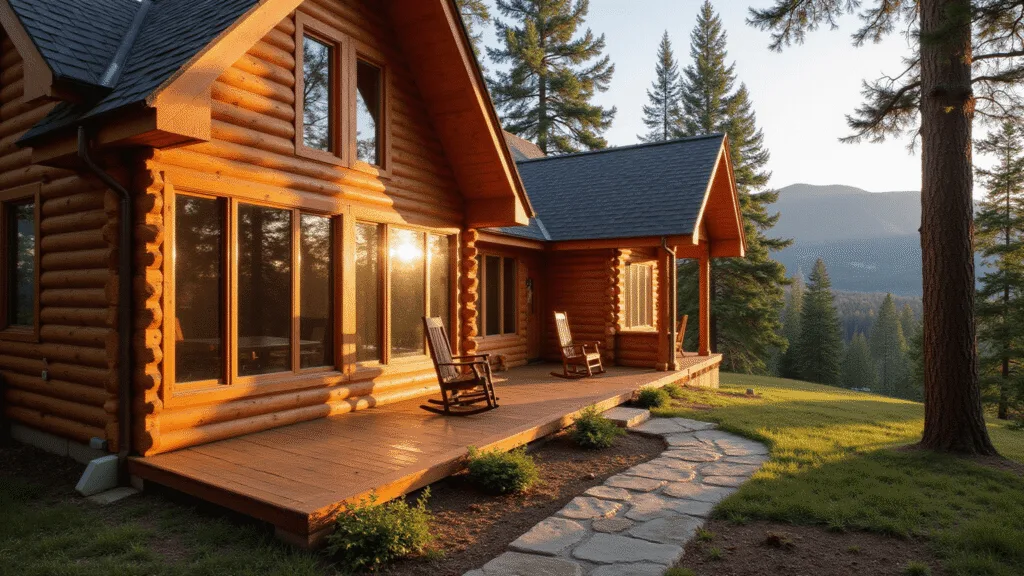 "Cozy woodland cabin with amber cedar siding, large reflective windows, and stone pathway surrounded by pine trees at sunset"