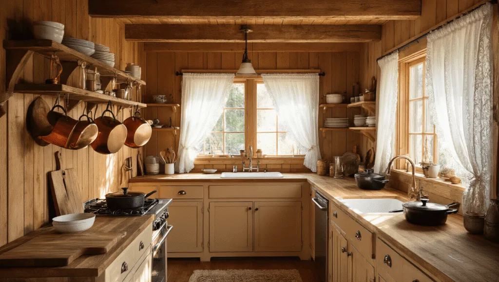 "Cozy rustic kitchen with warm wood paneling, morning sunlight through lace curtains, copper pots, vintage cutting boards, and rustic simplicity"