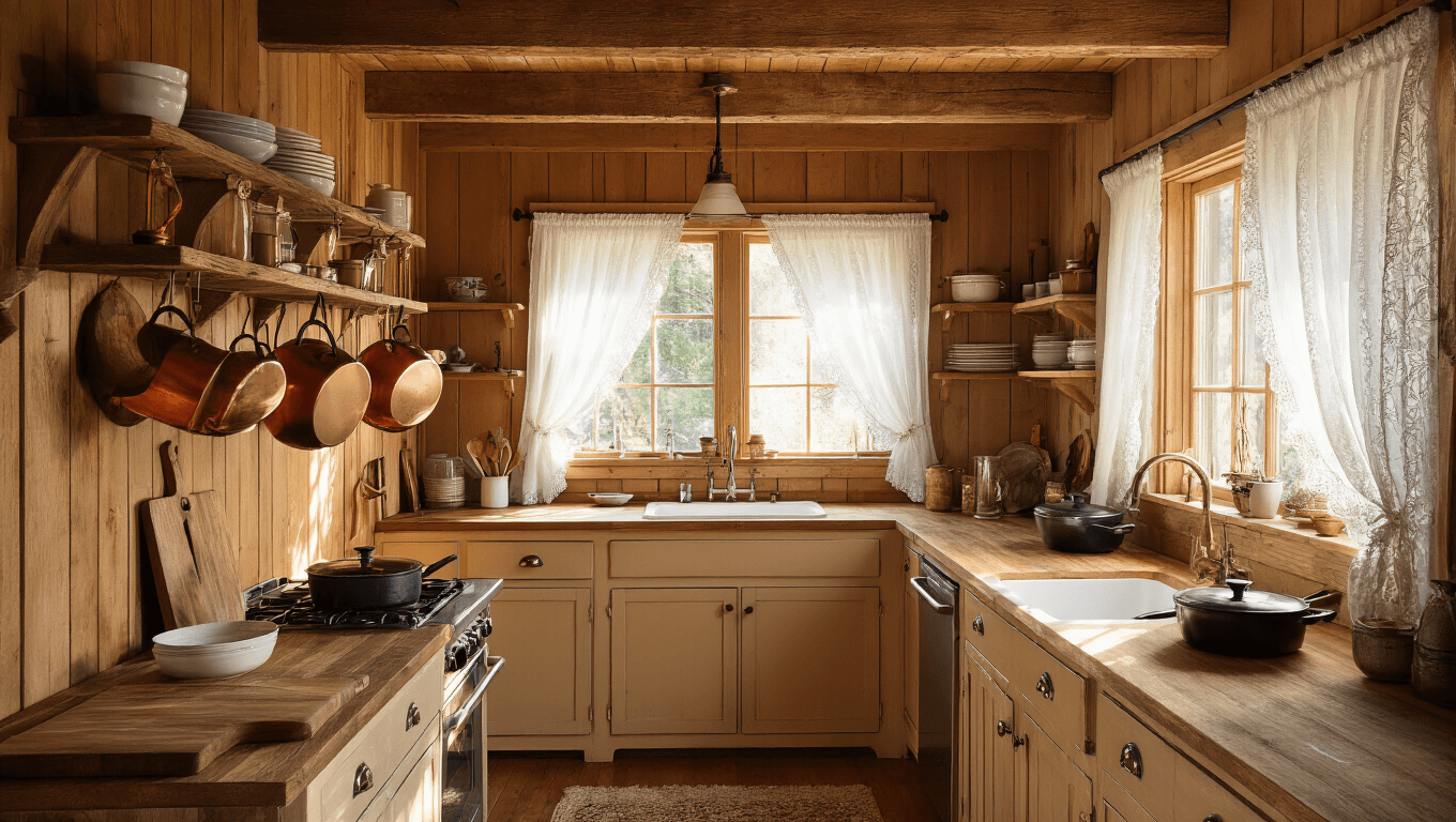 "Cozy rustic kitchen with warm wood paneling, morning sunlight through lace curtains, copper pots, vintage cutting boards, and rustic simplicity"