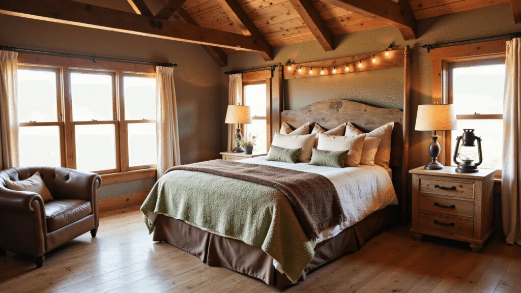 "Sunlit rustic cabin bedroom with king-sized bed, vintage armchair, and warm lighting"