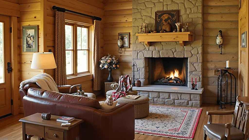 "Cozy rustic cabin interior with leather armchair, stone fireplace, antler decor, wool throws, and warm golden sunlight streaming through the windows"