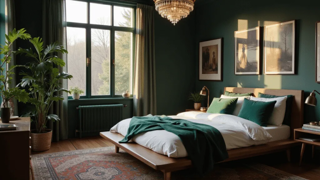 "Luxurious dark green bedroom with modern furniture, Persian rug, vintage art pieces, and warm ambient lighting."