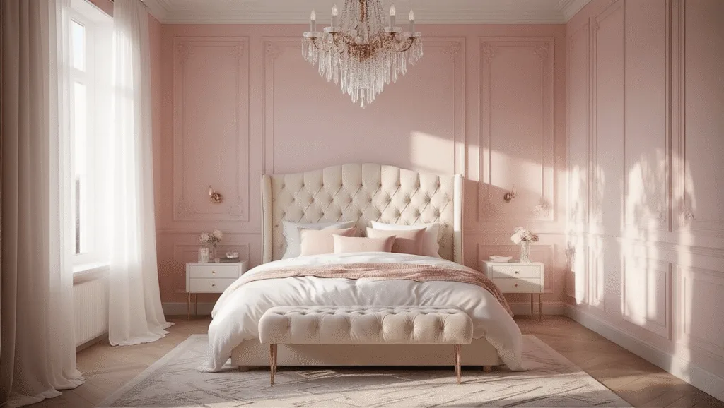 "Elegant pink and white bedroom with blush walls, crystal chandelier, velvet headboard, and airy light filtering through white curtains"