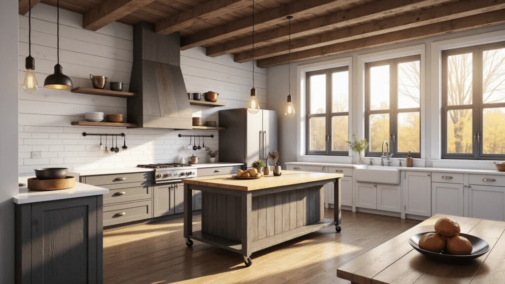 "Sunlit industrial farmhouse kitchen with rustic wood shelves, black metal fixtures, and a weathered oak island in golden morning light"