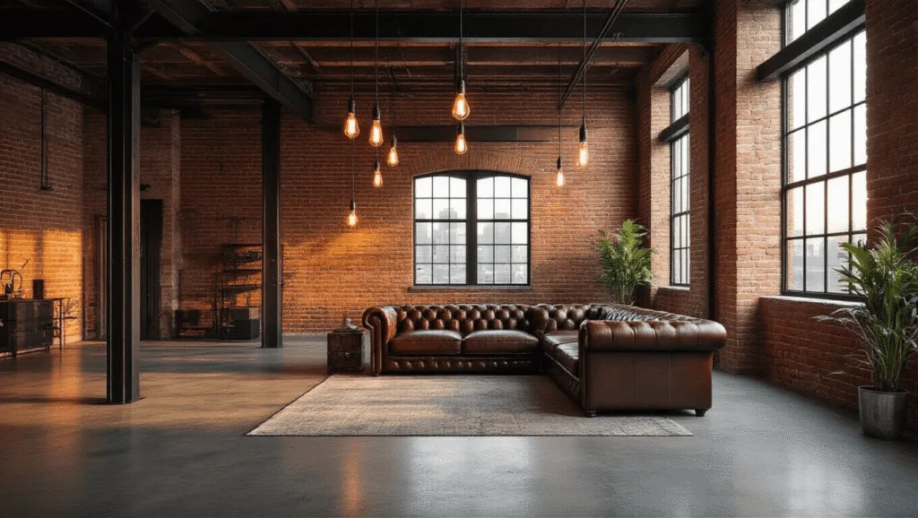 "Industrial loft living room with exposed brick walls, leather sofa, and Edison bulb pendant lights at golden hour"