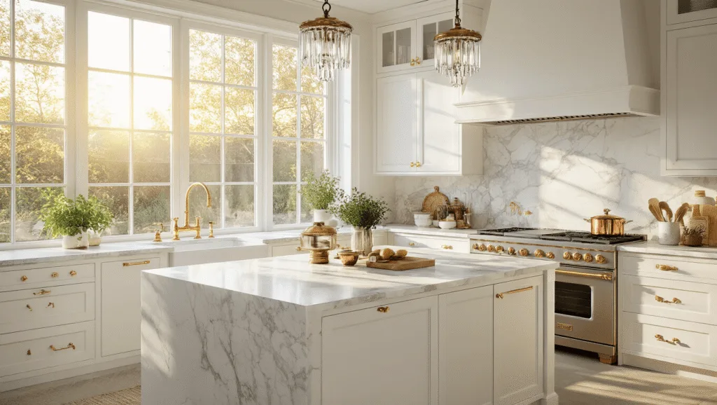 "Luxury sunlit kitchen with white shaker cabinets, Calacatta marble island, brass accents and vintage styling during golden hour"