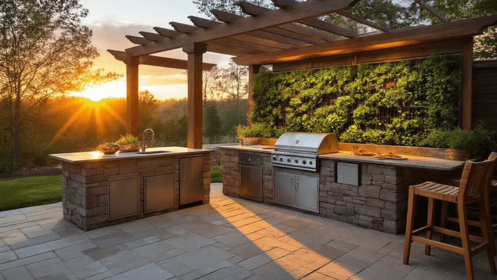 "Luxury outdoor kitchen at sunset featuring stone patio, cedar pergola, stainless grill, pizza oven, granite counters, herb wall, and teak barstools"