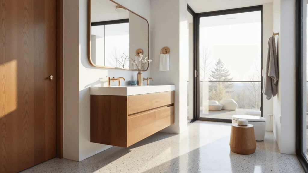 "Sunlit mid-century modern bathroom with walnut vanity, terrazzo flooring, and brass fixtures"