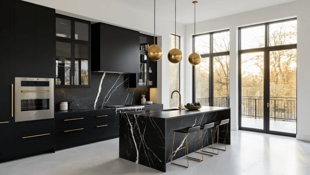 "Modern black kitchen with marble island, brass lighting, and stainless steel appliances during golden hour"