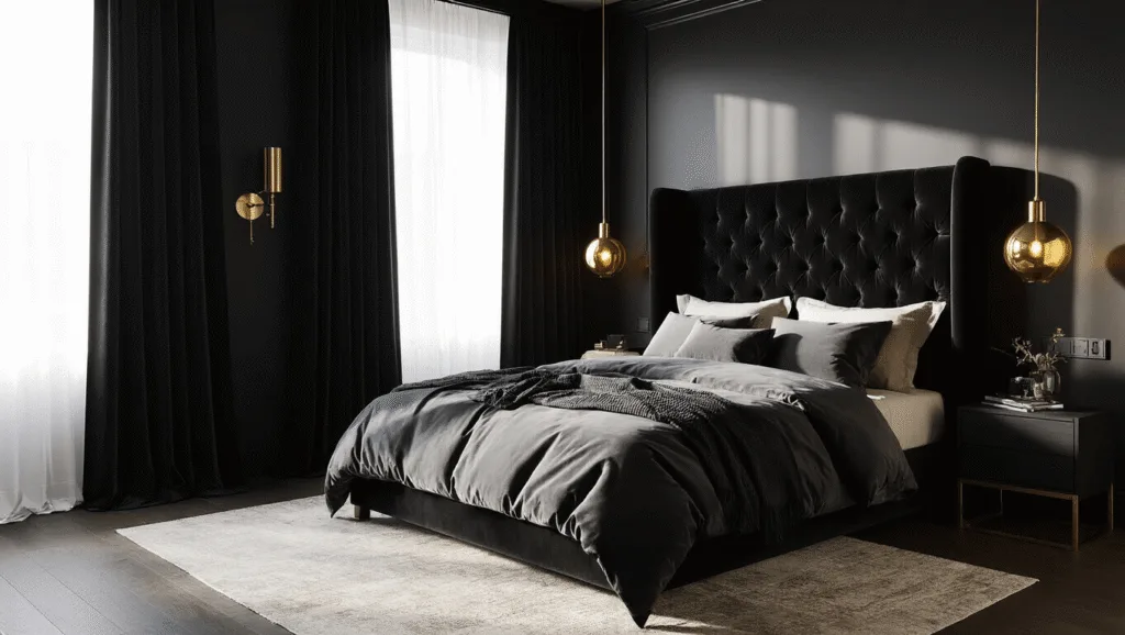 "King-sized bed with black velvet headboard, charcoal and ivory linens, brass pendant lights, and golden light filtering through black curtains in a sophisticated black bedroom interior"
