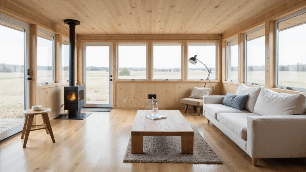 "Modern Scandinavian cabin interior with light maple floors, oatmeal linen sofa, walnut coffee table, and floor-to-ceiling windows bathed in golden hour lighting in a minimalist design."