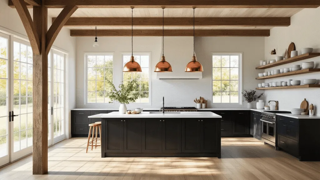"Sunlit modern farmhouse kitchen with exposed beams, copper pendants, and white ceramics on clean oak flooring"