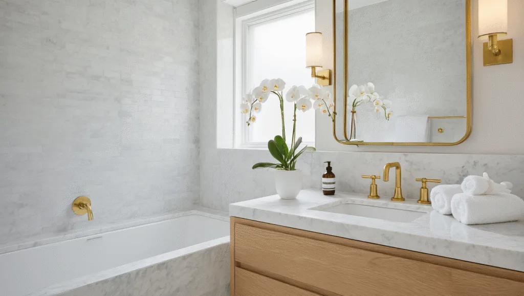 "Small modern bathroom featuring white marble tiles, oak vanity, brass accents, large mirror, and white orchid"