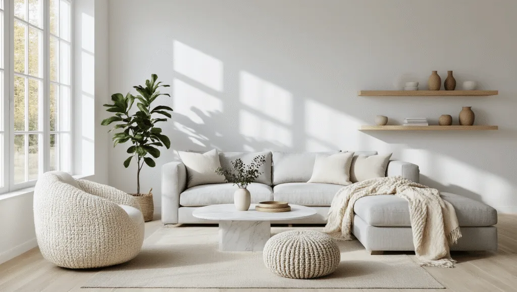 "Bright, minimalist Scandinavian living room with white walls, large windows, pale wood floors, a light gray sofa, and marble coffee table, accentuated by a cream bouclé chair, wool throws, a chunky knit pouf, and decor like a potted fiddle leaf fig, ceramic pottery, and oak shelves."