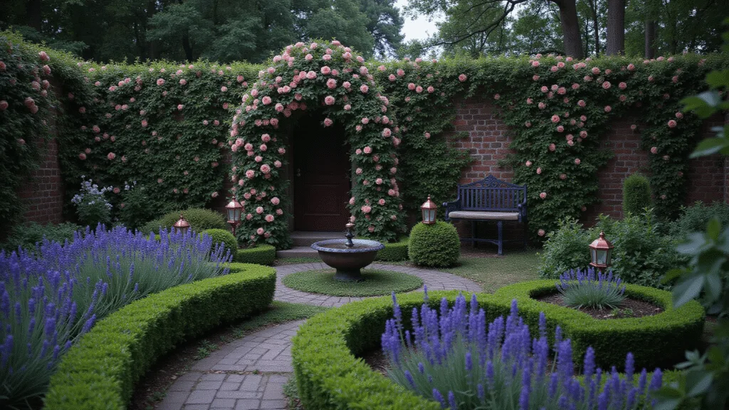 "Twilight in a secret walled garden with rose-covered brick walls, stone fountain, lavender beds, boxwood paths, copper lanterns, a wrought iron bench, a flowering arch, creating a mystical atmosphere"