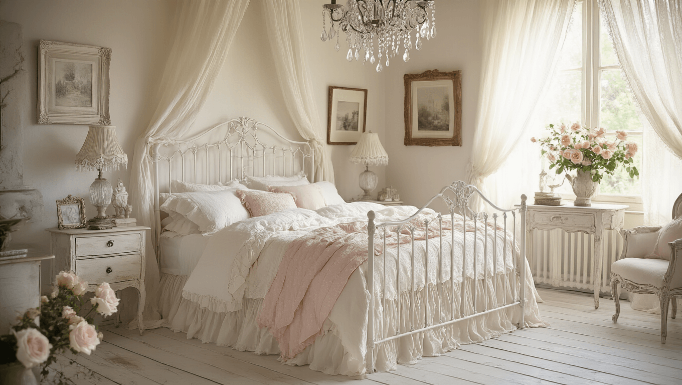"Shabby chic bedroom with vintage iron bed, soft pastel linens, distressed furniture and morning light through lace curtains"