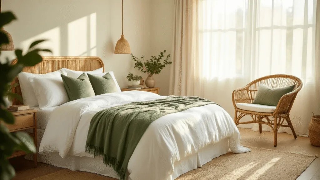 "Sunlit cozy guest bedroom with white linen bed, sage green throws, rattan chair, vintage decor, bathed in golden hour light, creating soft shadows and an airy atmosphere."