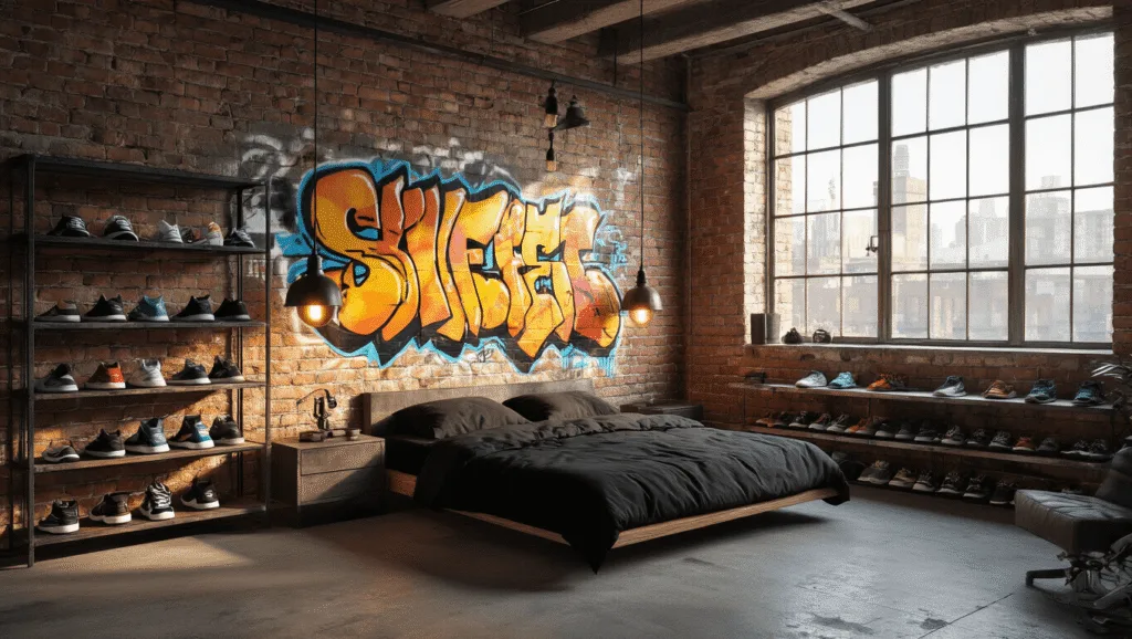 "Urban loft bedroom with graffiti mural, exposed brick, industrial lighting, platform bed, and sneaker display in morning sunlight"