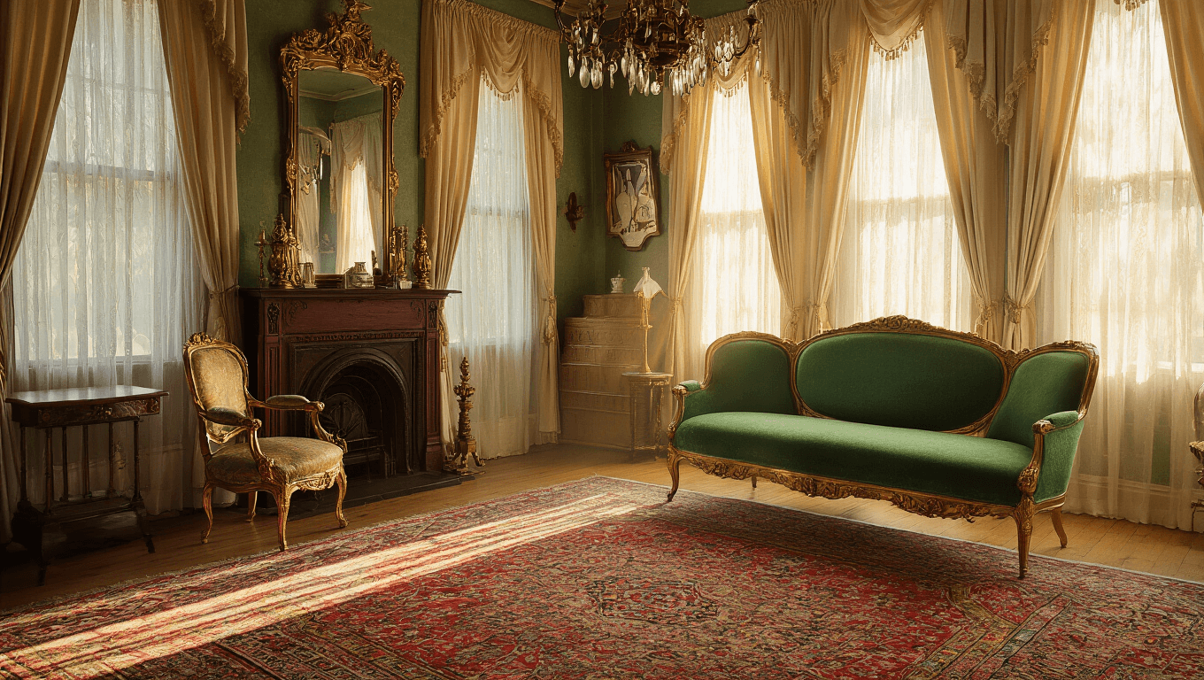 "Vintage Victorian parlor with emerald settee, Persian rugs, gilt mirrors, brass lamp and golden sunlight streaming through sheer curtains creating a warm, nostalgic atmosphere."