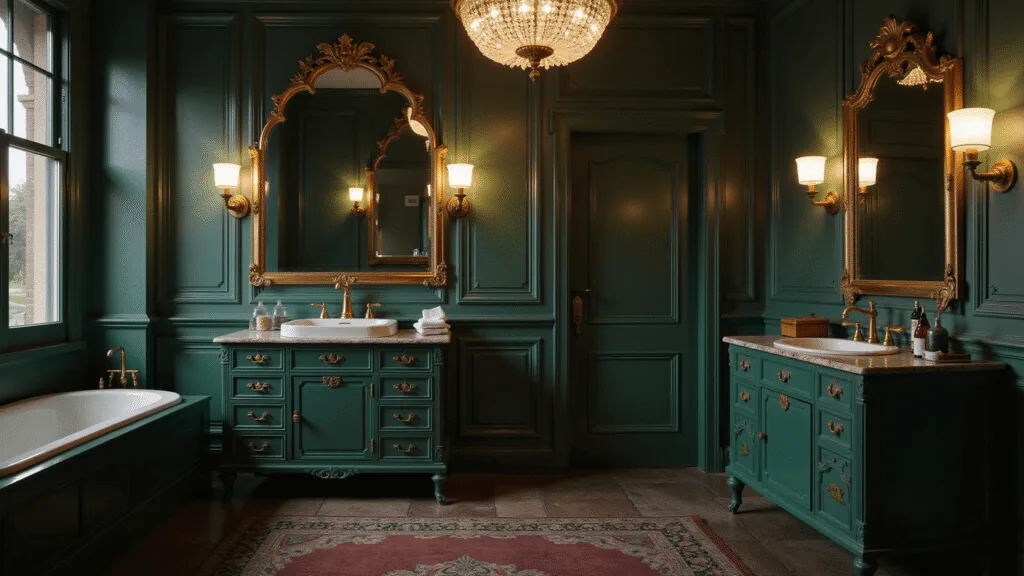 "Elegant vintage modern bathroom with emerald art deco vanity, crystal chandelier, gold accents, and antique perfume bottles"