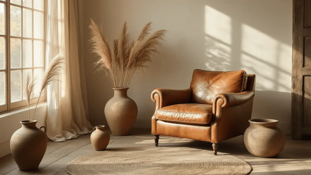 "Sunlit serene living room with a cognac leather armchair, linen curtains, handmade ceramics, dried pampas grass, and distressed oak floors"