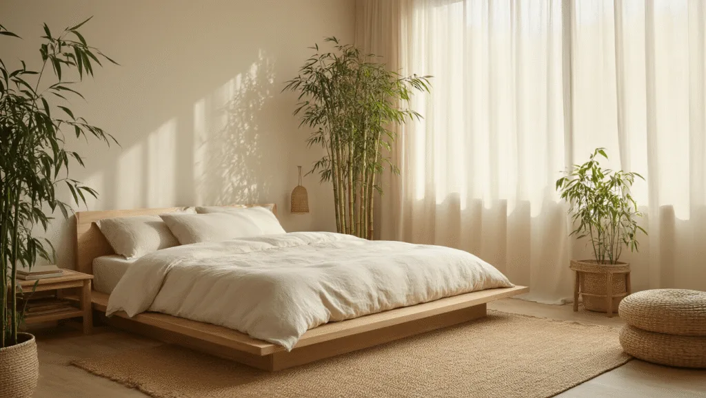 "Zen bedroom with low platform bed, cream linen, bamboo plants, and minimal decor in muted earth tones lit by diffused morning sunlight"