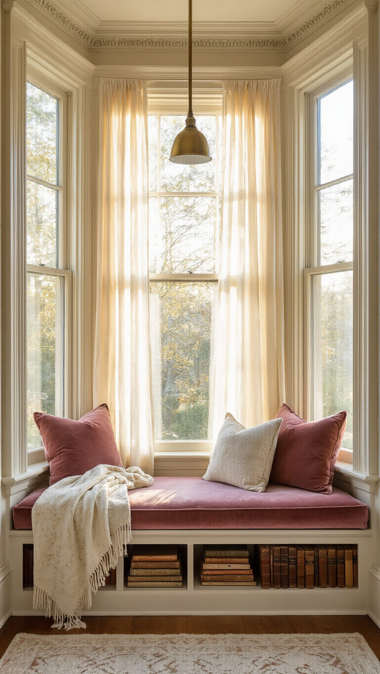 Sunlit Victorian bay window nook with dusty rose velvet seat, vintage books, brass lamp, and cream wool throw, captured at golden hour with soft bokeh effect.