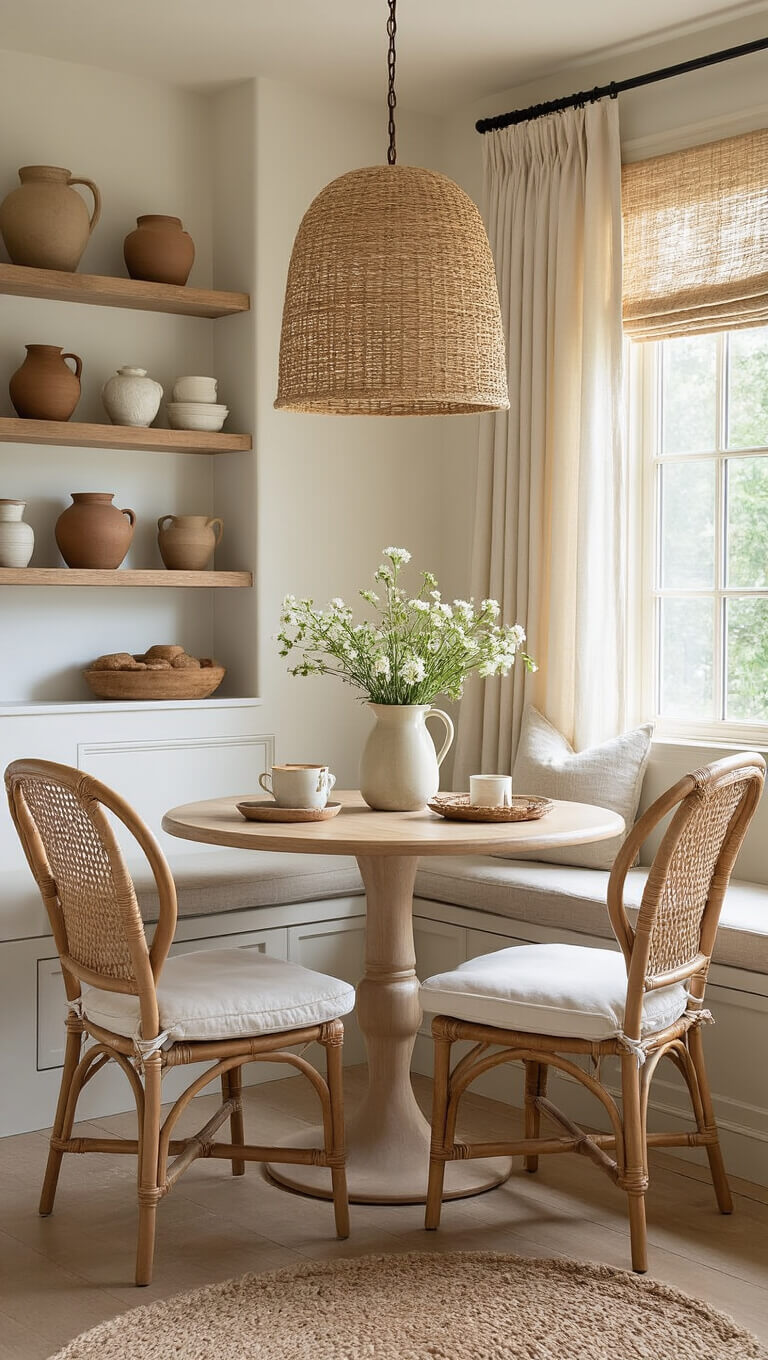 Cozy breakfast nook in small kitchen corner with round oak table, rattan chairs, jute pendant, and pottery on floating shelves.