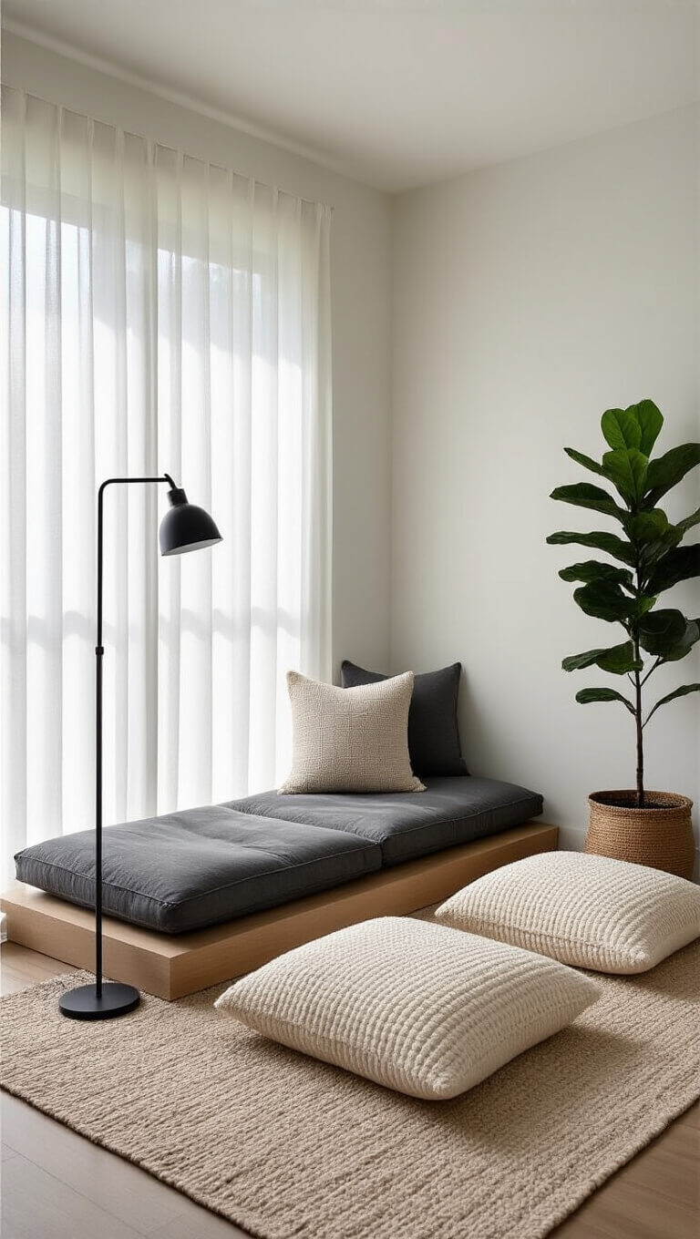 Modern minimalist meditation nook with charcoal cushion, cream floor pillows, fiddle leaf fig, and soft light through sheer panels in small bedroom corner.