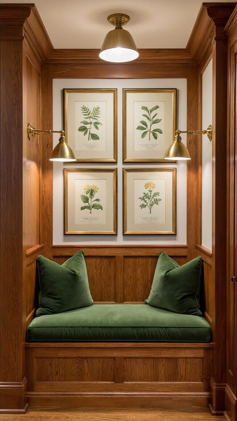 Craftsman-style reading bench on stair landing with oak wood, green velvet cushions, brass lamp, and vintage botanical prints.