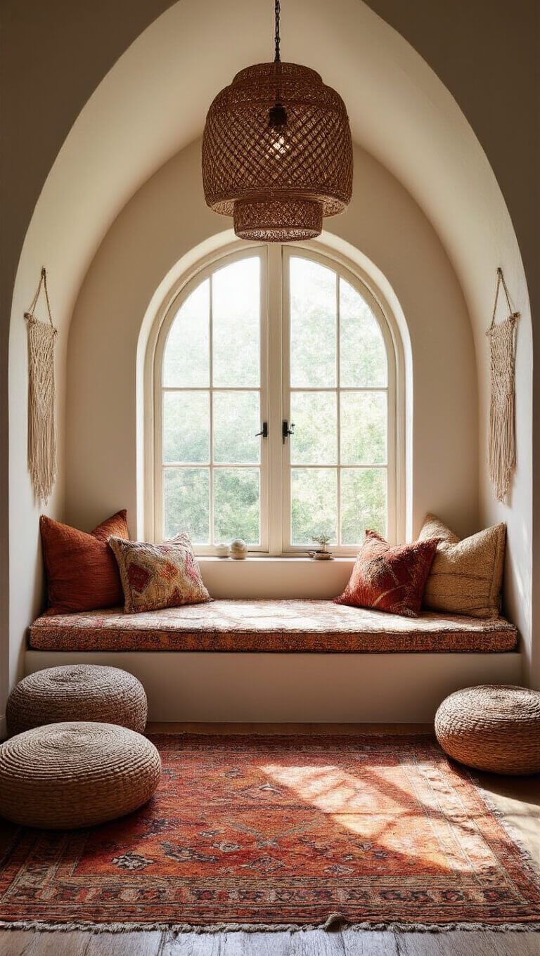 Bird's eye view of a boho window seat in an 8'x4' dormer nook with layered Moroccan rugs, rust and amber floor cushions, a wide macramé wall hanging, and natural light through an arched window.