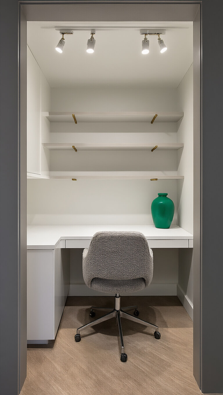 Modern office nook in small closet with floating white desk, grey bouclé chair, LED lighting, minimalist brass shelf brackets, and emerald green vase for color contrast.