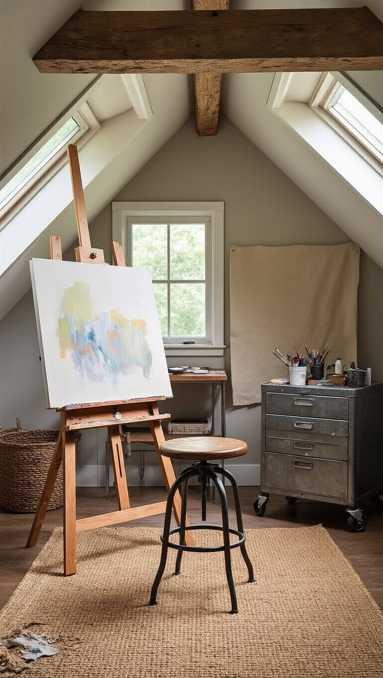 Cozy attic art studio nook with rustic easel on sisal rug, aged steel stool, paint-splattered drop cloth, and vintage metal supply cart under north-facing light.