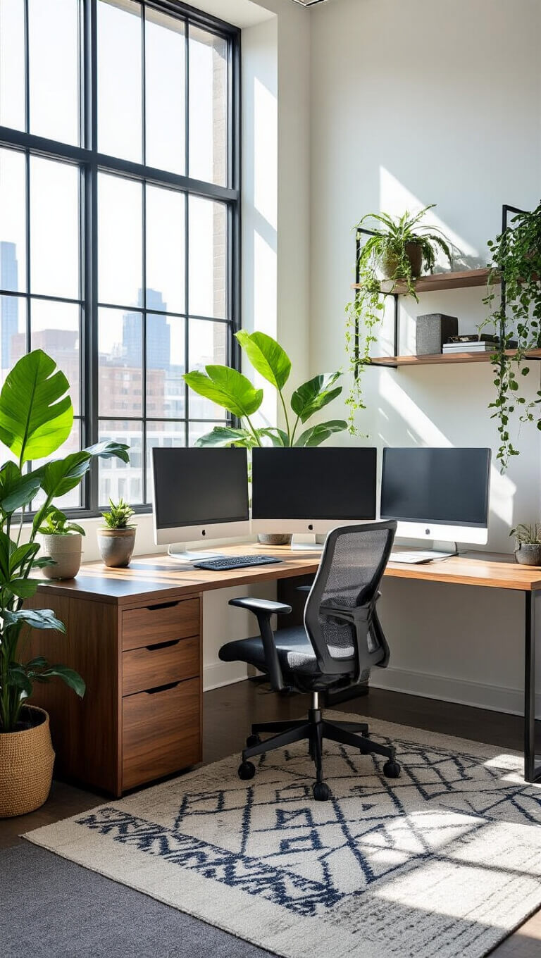 Modern corner office with floor-to-ceiling windows, L-shaped walnut desk, ergonomic chair, dual monitors, black shelving, gray carpet, navy and cream rug, and indoor plants.