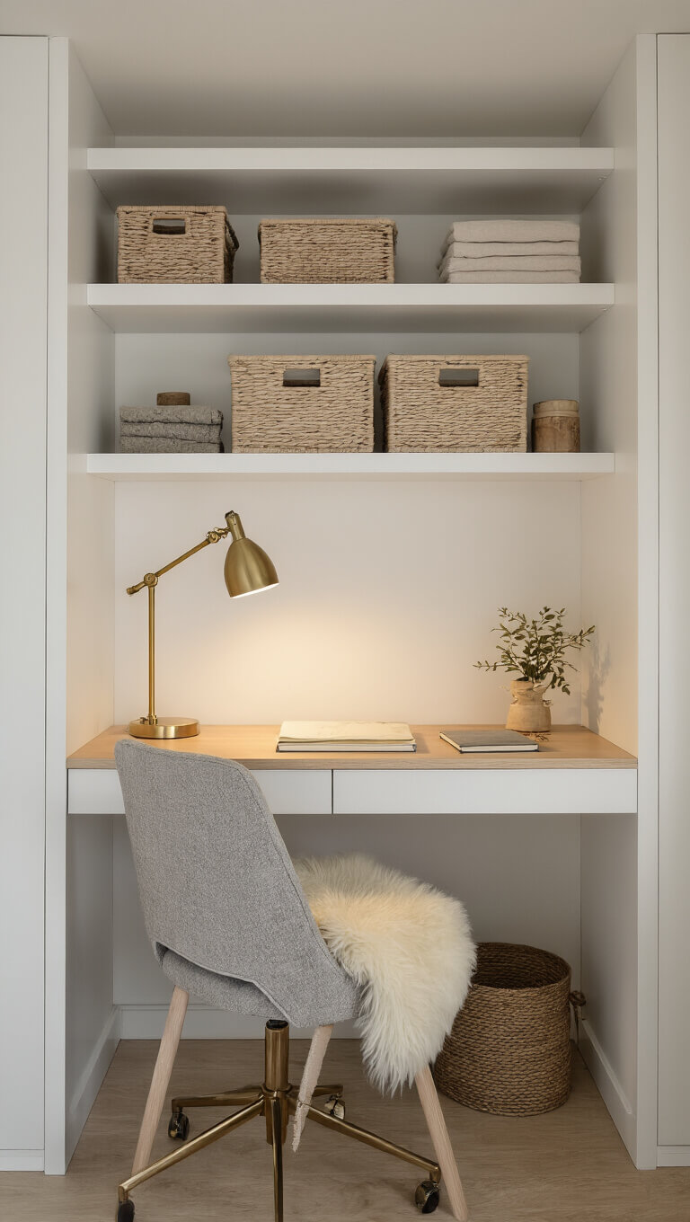 Scandinavian-style home office nook with floating bleached oak desk, white built-in shelves, sheepskin-draped gray chair, brass lamp, and oatmeal roman shade during golden hour.