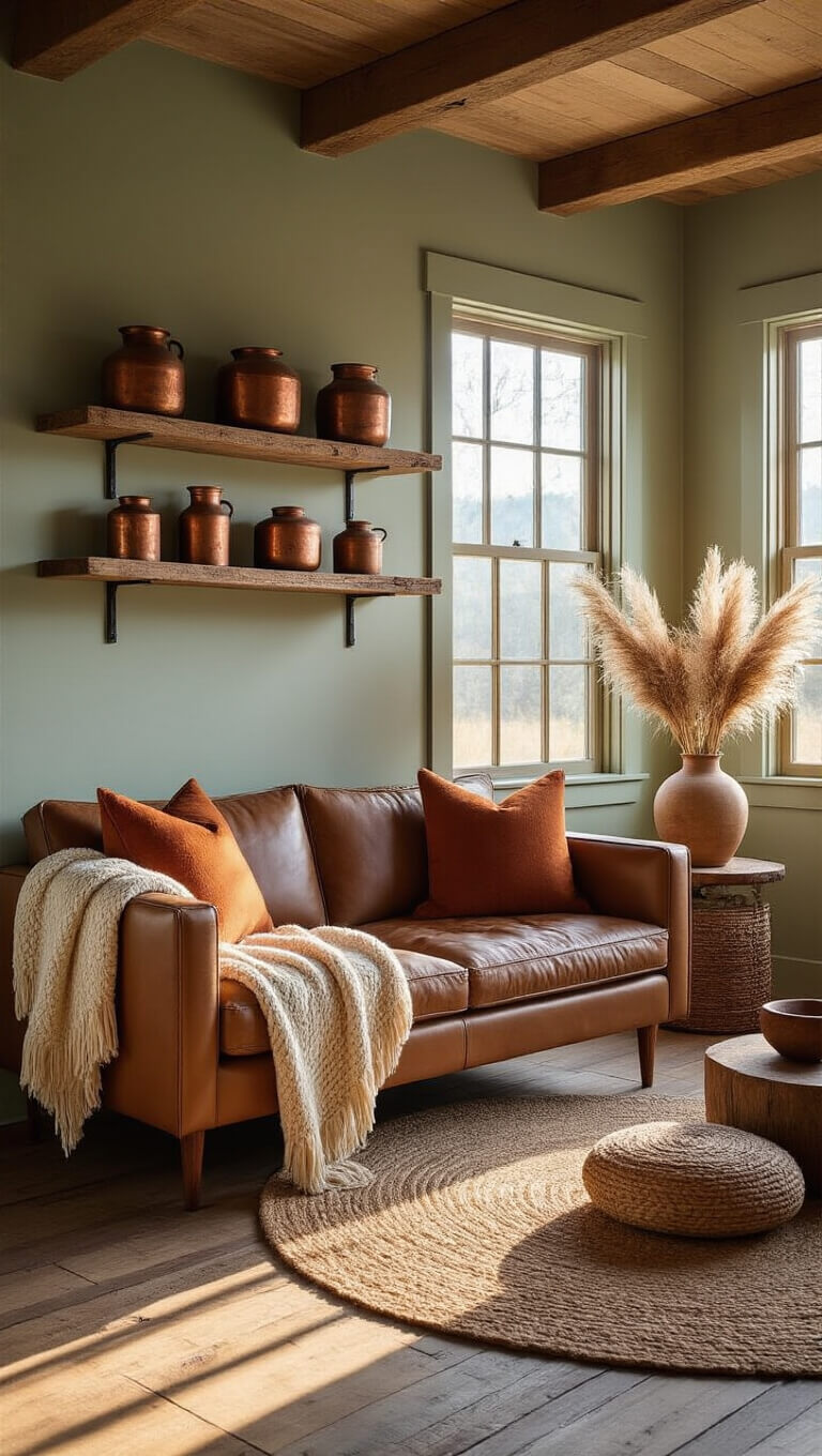 Rustic 12x14ft cabin living room at golden hour with sunlight streaming through west-facing windows, highlighting reclaimed wood floors, a leather loveseat with knit throws, vintage shelves, pampas grass in ceramic vases, and layered rugs.