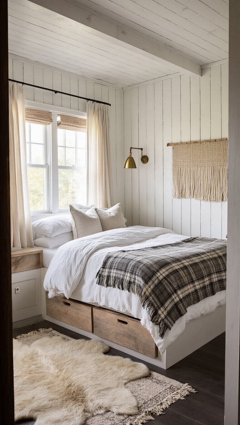 Cozy 10x12ft cabin bedroom at dawn with queen bed, window seat, barn wood accent wall, and soft morning light filtering through sheer curtains.