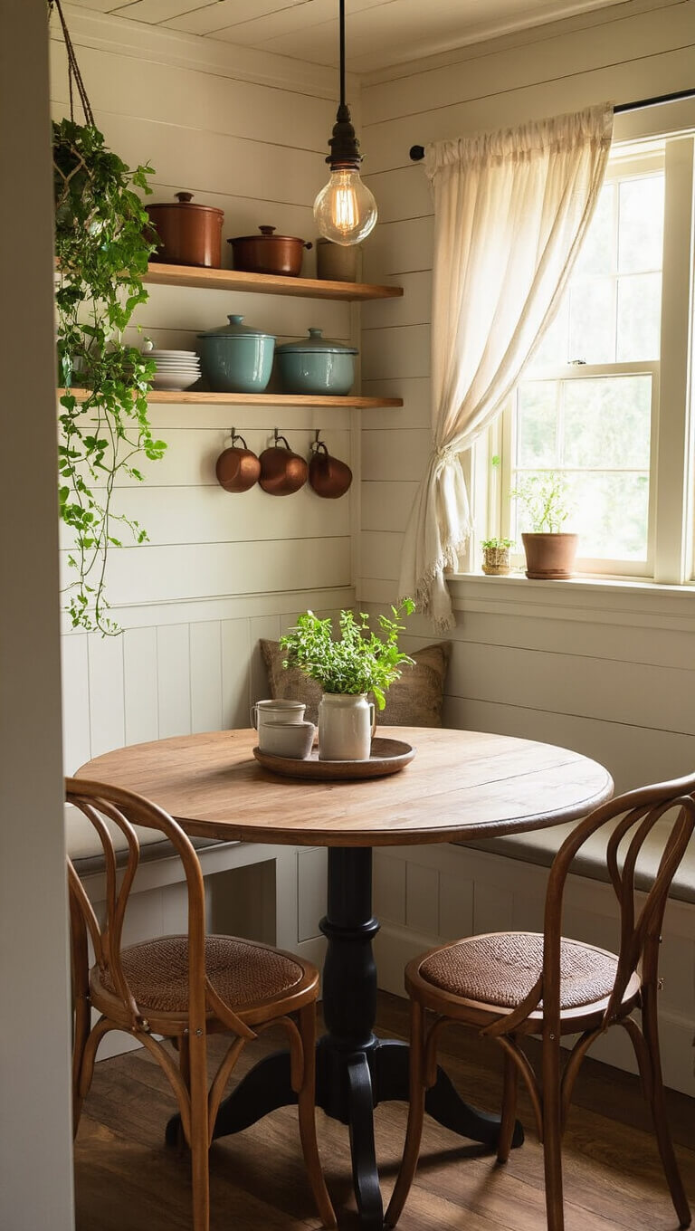 Cozy 8x8ft cabin kitchen nook with reclaimed oak table, bentwood chairs, open shelving of pottery and cookware, warm cream shiplap walls, café curtains, macramé planter with ivy, and vintage enamelware in soft tones.