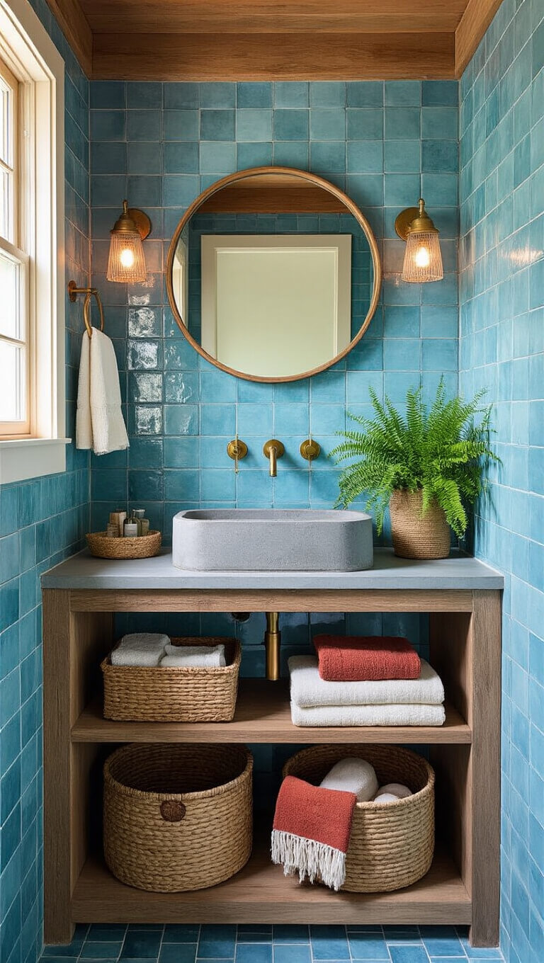 Moody blue hour cabin bathroom with ocean blue ceramic tiles, floating teak vanity, concrete sink, brass fixtures, rope-framed mirror, glass sconces, woven baskets, Turkish towels, and potted ferns.