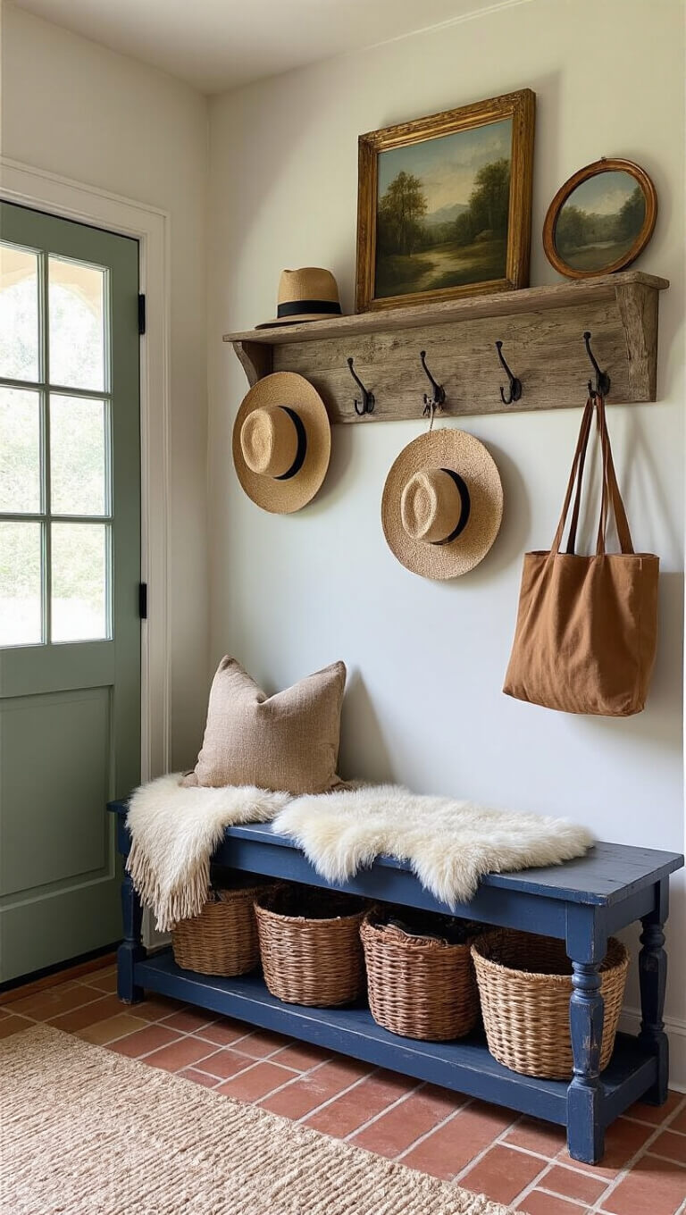 Rustic cabin entryway with antique navy bench, sheepskin throw, woven baskets, reclaimed wood coat rack, vintage art, copper mirrors, terracotta herringbone floor, sage green Dutch door, and iron hooks holding hats and bags.