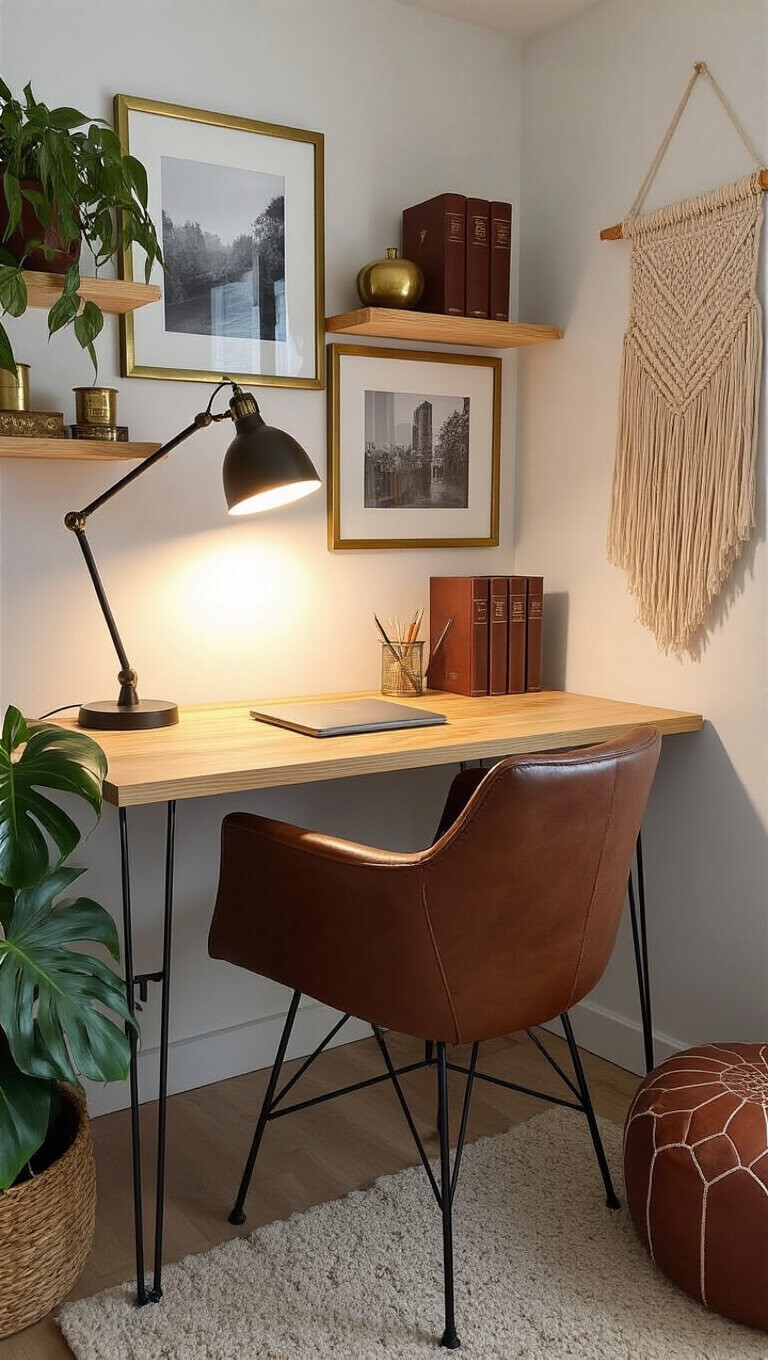 Cozy 8x10ft cabin office nook at dusk with warm desk lamp lighting a pine floating desk, vintage leather chair, gallery wall with black and white photos in brass frames, floating shelves with books and brass decor, neutral handwoven wall hanging, monstera plant, and a reading corner with leather pouf and floor lamp.