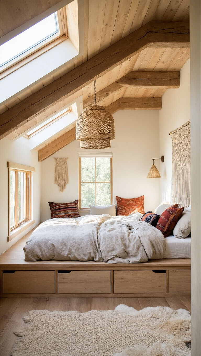 Cozy cabin loft with rumpled linen bedding, skylight illumination, exposed beams, macramé headboard, vintage kilim pillows, rattan pendant lighting, and built-in storage under sloped ceiling.