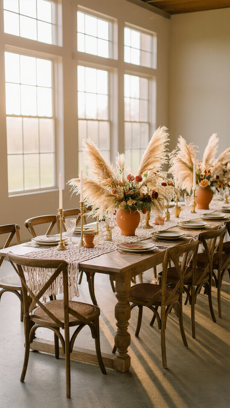 Golden hour light fills a 20x30ft reception hall with floor-to-ceiling windows, highlighting a long farmhouse table with vintage mismatched chairs, brass candlesticks, pampas grass in terracotta vases, and earthy-tone vintage china on a macramé runner.
