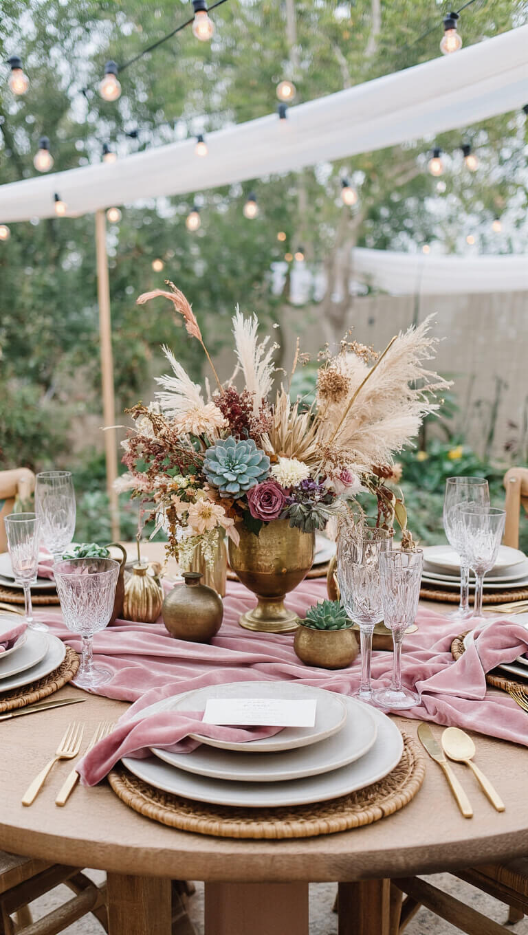 Bohemian-style table setting in cozy 12x12ft corner at blue hour with market lights, featuring hand-thrown ceramic plates, brass cutlery, dusty rose velvet napkins, crystal wine glasses, and a dried floral centerpiece in vintage brass vessels.